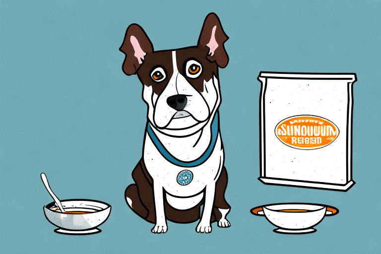 A curious dog sitting next to a bowl of swanson beef broth