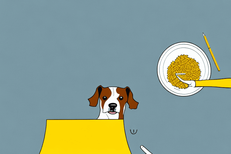 A curious dog sitting next to a bowl of yellow rice