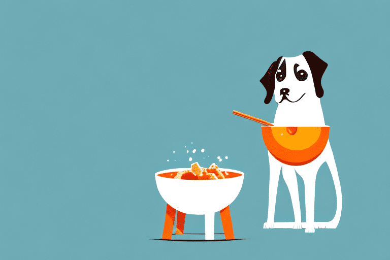 A curious dog sitting in front of a bowl of sweet and sour sauce