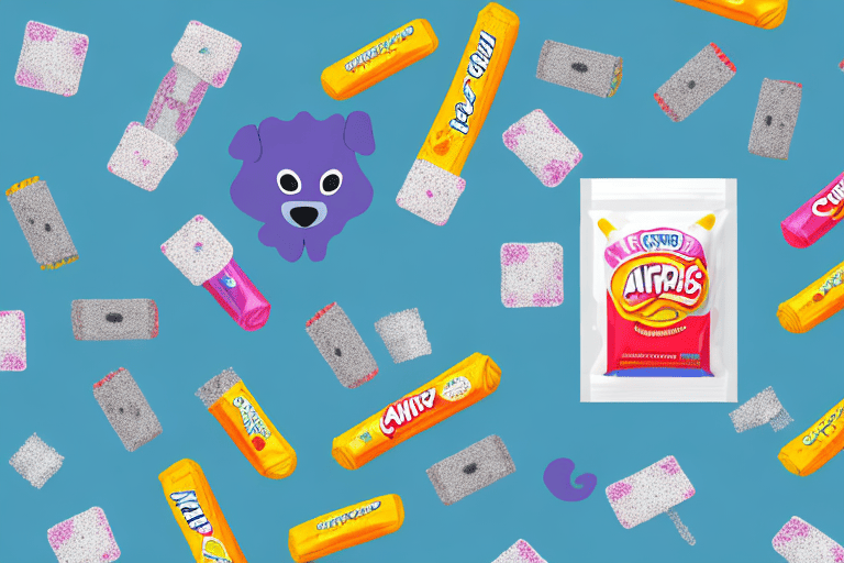 A curious dog sitting next to a pack of airheads candy