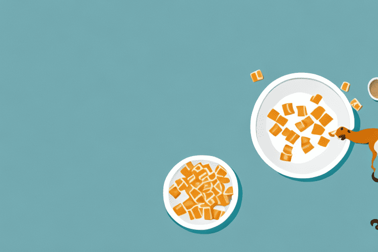 A curious dog sniffing a bowl of butterscotch chips on a kitchen counter