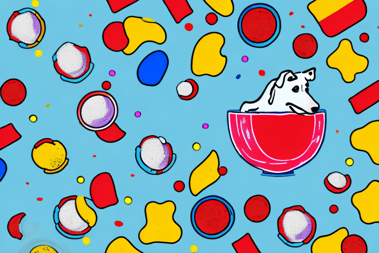 A curious dog looking at a bowl filled with colorful swedish fish candies