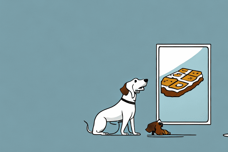 A curious dog looking at a piece of toffee on a table