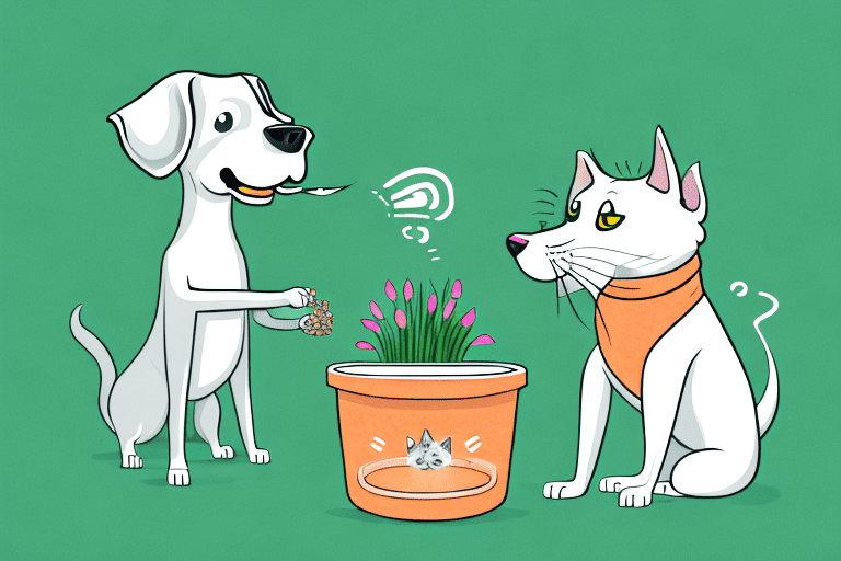 A curious dog sniffing or nibbling on a pot of cat grass