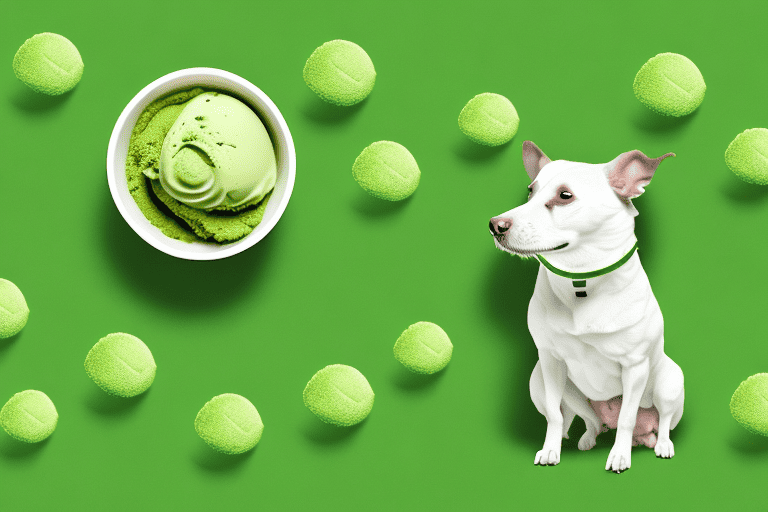 A curious dog sniffing a bowl of matcha ice cream placed on a grassy lawn