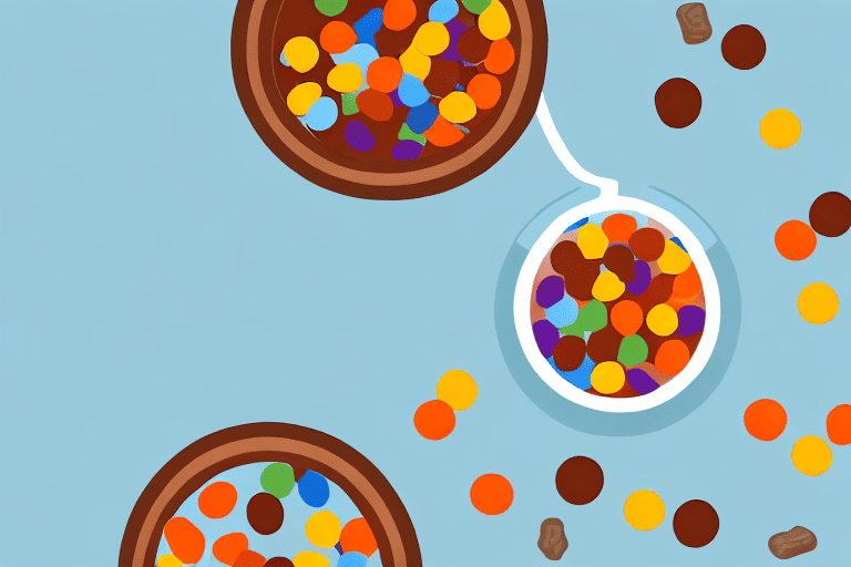A curious dog looking longingly at a bowl of reese's pieces placed on a table