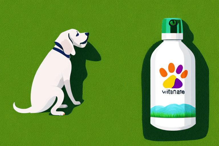 A curious dog sniffing a bottle of vitamin water placed on a grassy lawn
