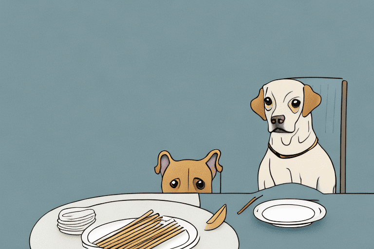 A curious dog sitting at a table with a plate of breadsticks in front of it