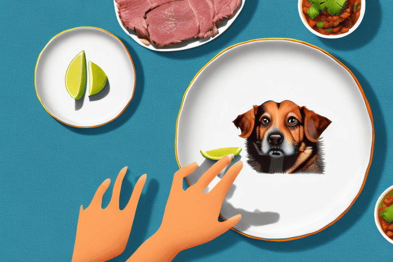 A curious dog sitting next to a plate of carne asada