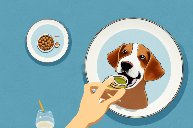A curious dog sitting in front of a plate of hush puppies