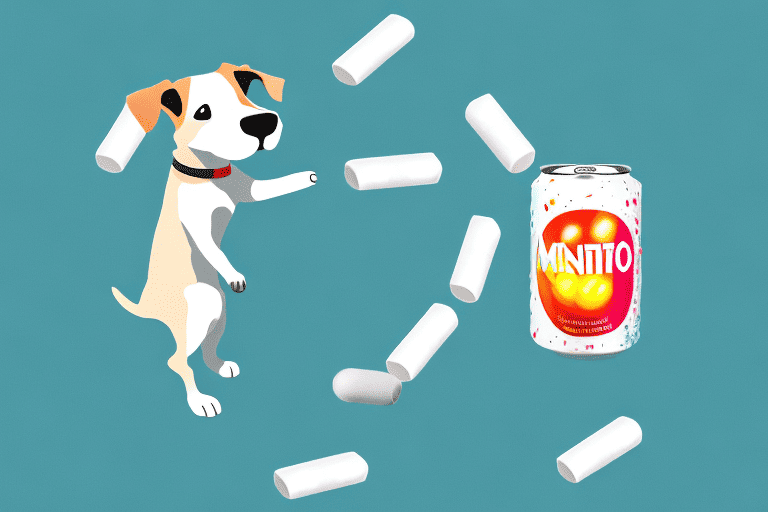 A curious dog sniffing a pack of mentos lying on the ground