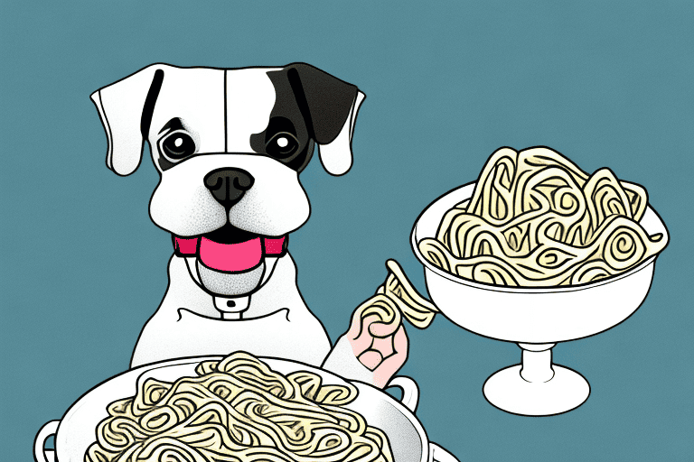 A curious dog sitting in front of a bowl of fettuccine alfredo