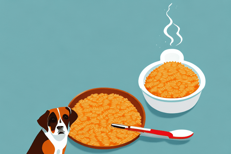 A curious dog sitting next to a bowl of mexican rice