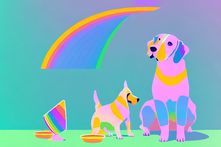 A curious dog sitting next to a bowl of rainbow sherbet