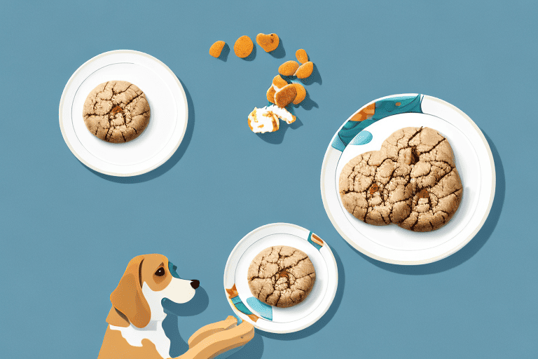 A curious dog sitting next to a plate of nutter butter cookies