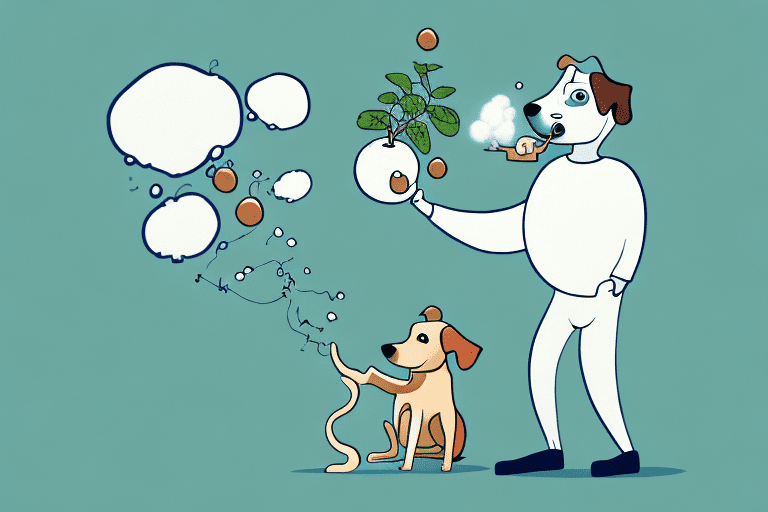 A curious dog sniffing a soybean plant