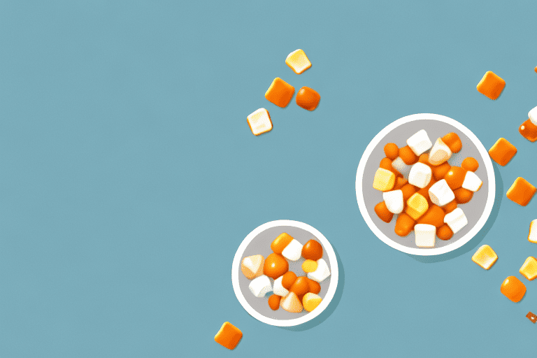 A curious dog looking longingly at a bowl of butterscotch candies on a table
