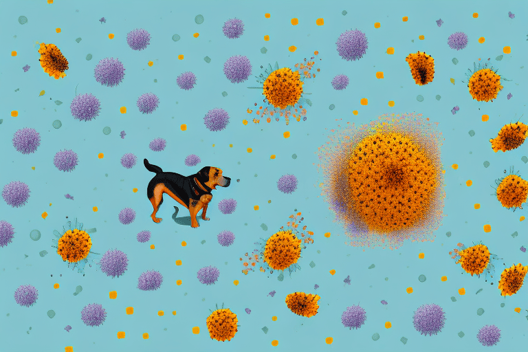 A curious dog sniffing a vibrant flower with bees buzzing around and visible pollen particles in the air