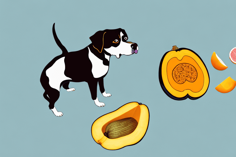 A curious dog sniffing a whole and a sliced kabocha squash on the floor