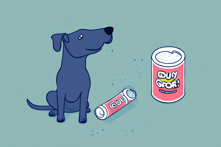 A curious dog looking at a gogurt tube on the floor