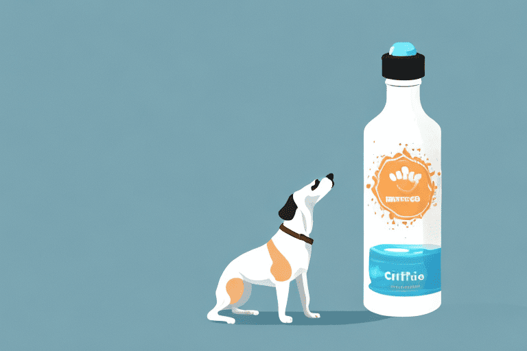 A curious dog sniffing a bottle of magnesium citrate placed on a table