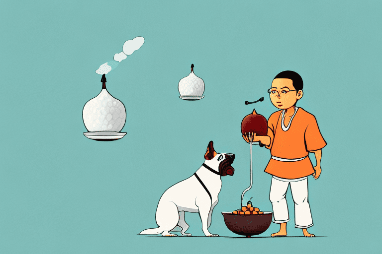 A dog curiously sniffing a monk fruit with a bowl of monk fruit sweetener nearby
