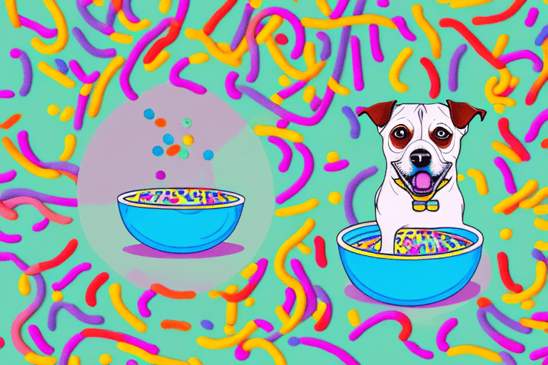 A curious dog sitting in front of a bowl filled with colorful sprinkles