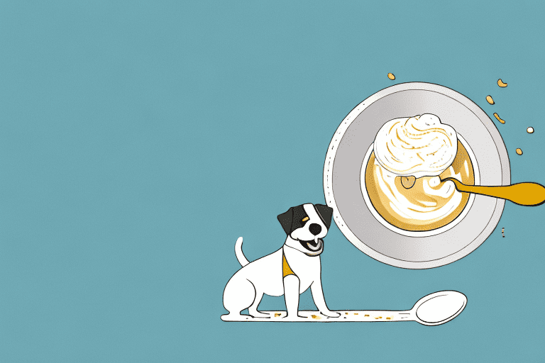 A happy dog sitting with a bowl of vanilla custard in front of it