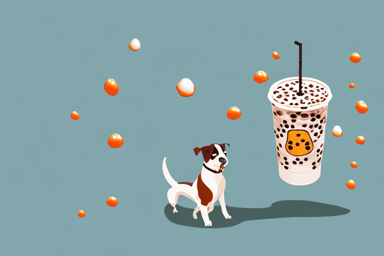 A curious dog sniffing a spilled cup of boba tea