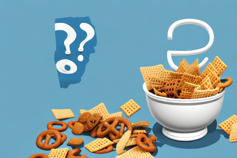 A curious dog sitting next to a bowl of chex mix