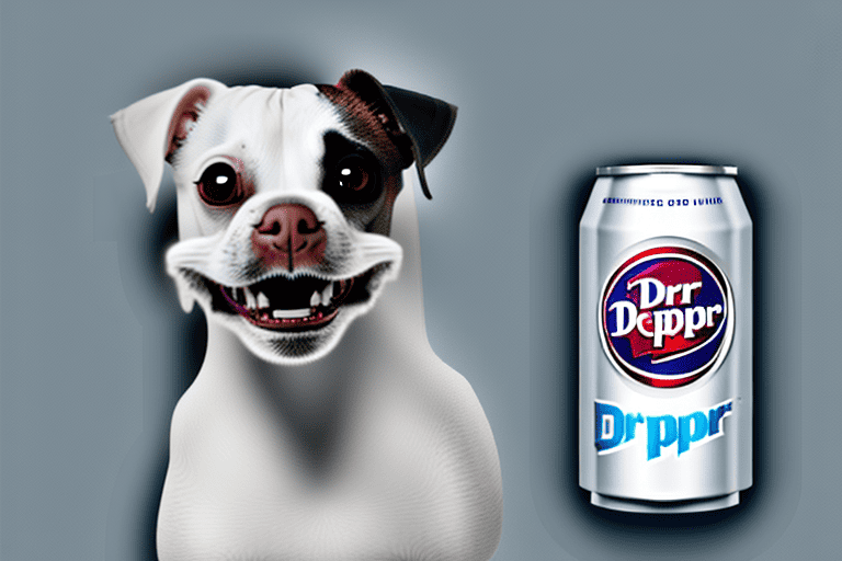 A curious dog sniffing a can of dr pepper placed on a low table