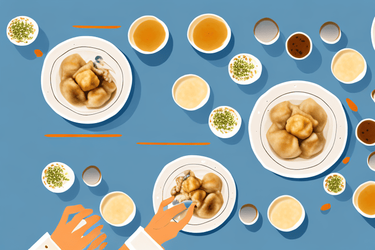 A curious dog sitting at a table with a plate of dumplings