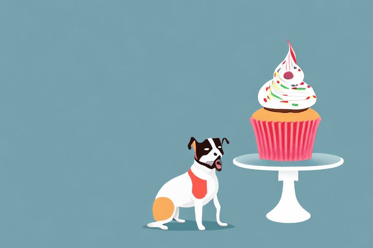 A curious-looking dog sitting next to a cupcake with frosting