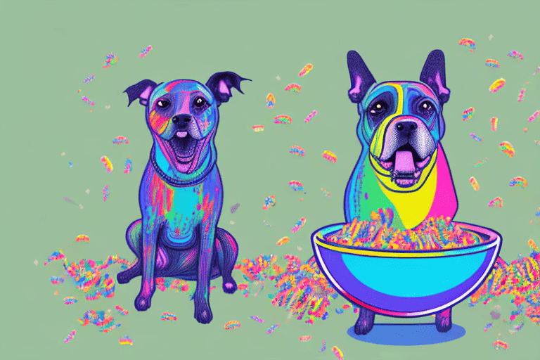 A curious dog sitting in front of a bowl filled with fruity pebbles