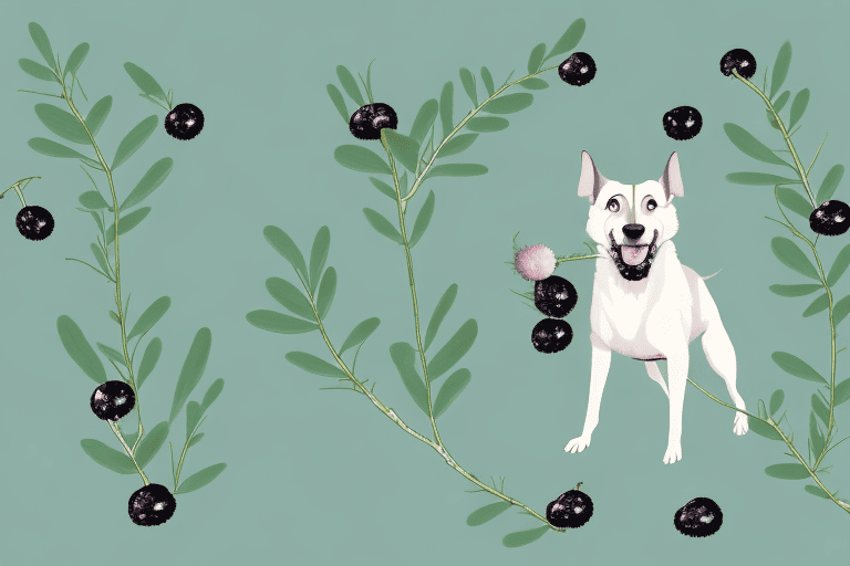 A curious dog sniffing at a bush full of ripe huckleberries