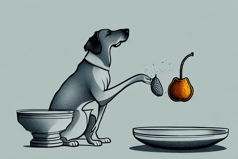 A curious dog sniffing a monk fruit with a small bowl of monk fruit extract nearby