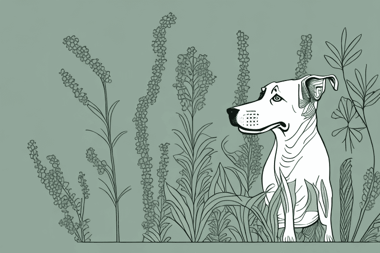 A dog sniffing a mullein plant in a garden setting
