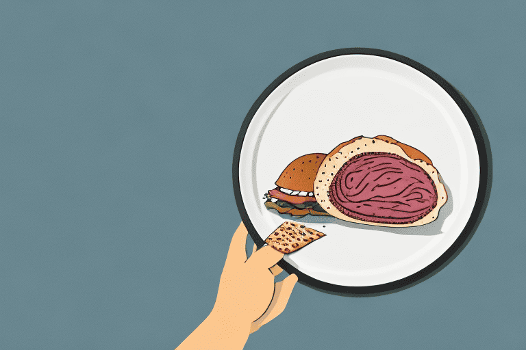 A curious dog sitting in front of a plate with a slice of pastrami on it