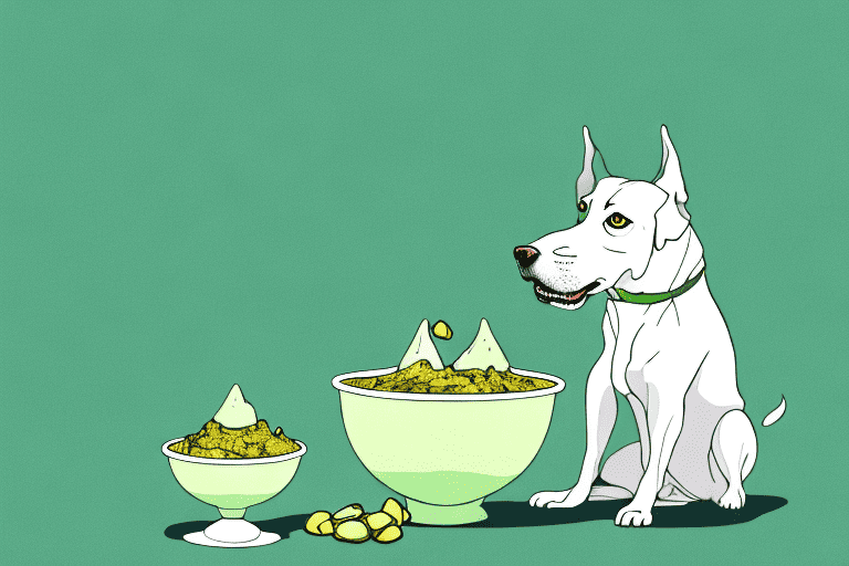 A curious dog sitting in front of a bowl of pistachio pudding