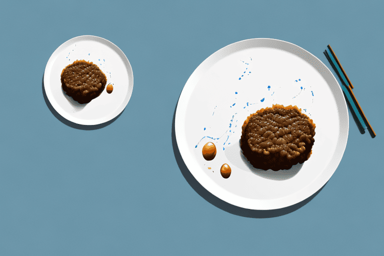 A curious dog sitting next to a plate of salisbury steak