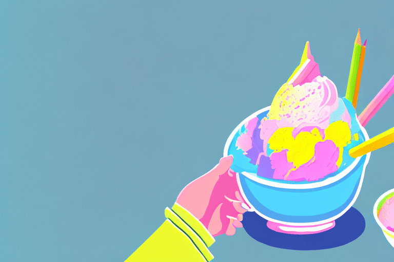 A curious dog sniffing a bowl of colorful sherbet ice cream