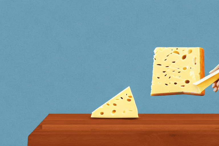 A curious dog sniffing a piece of smoked gouda cheese on a wooden table