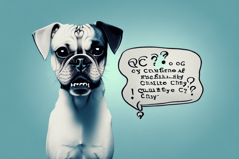 A dog in a thoughtful pose with a question mark above its head