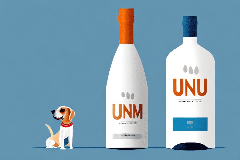 A concerned dog next to a bottle of unisom