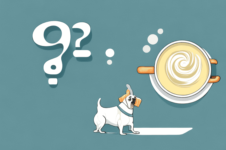 A curious dog sitting by a bowl of cream of chicken soup