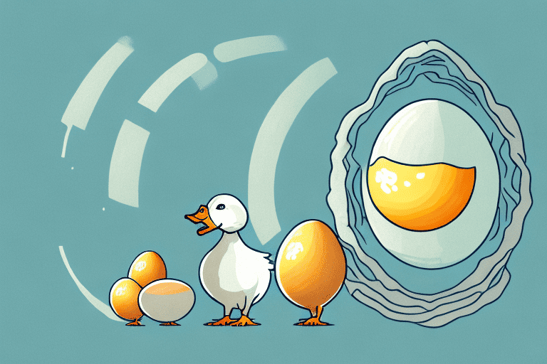 A curious dog sitting beside a nest with a couple of duck eggs in it