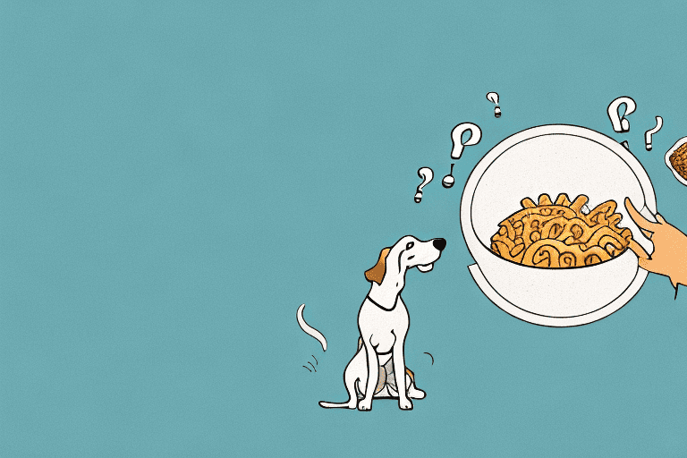 A curious dog looking at a bowl of hamburger helper