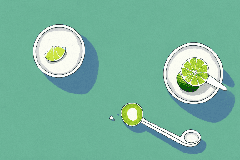 A curious dog looking at a bowl of key lime yogurt with a lime and a spoon beside it
