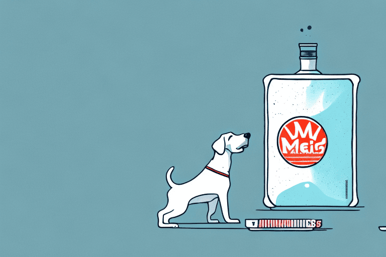 A curious dog sniffing a bottle of magnesium stearate tablets kept on a table