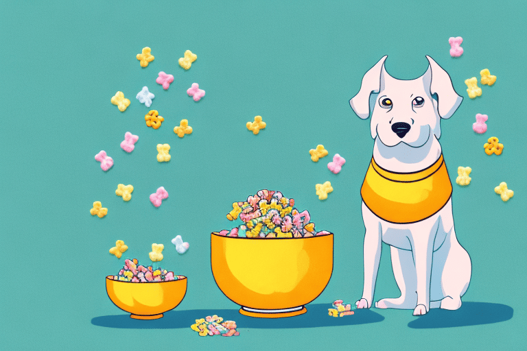 A curious dog sitting in front of a bowl filled with lucky charms cereal